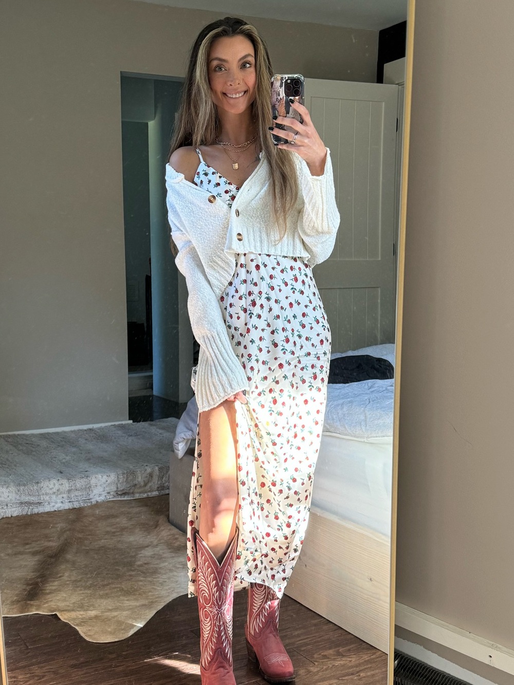 White Maxi Slip Dress with Red & Green Floral Print